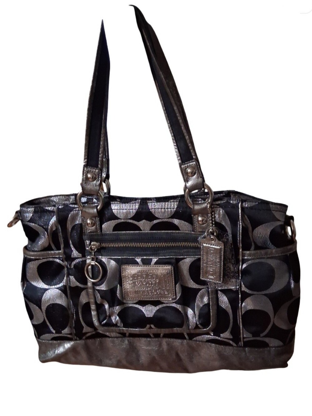 Shoulder Bag/Tote - Coach Poppy Signature Lurex Tote Bag Black & Silver